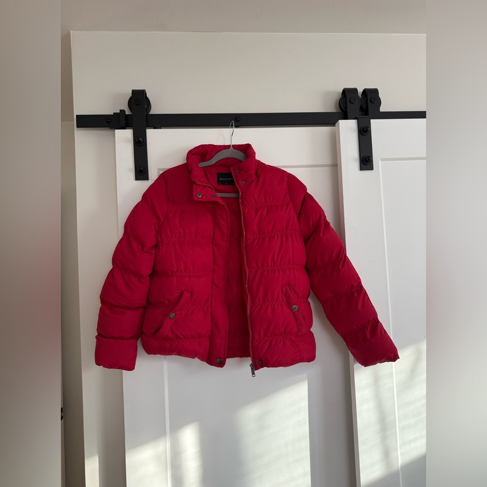 Brave Soul Red And White Stripe Quilted Puffer Jacket
